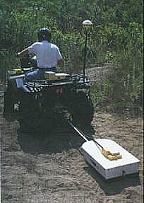 A 250 MHz antenna being used in a field survey. (MALA GeoSCiences, Inc.)