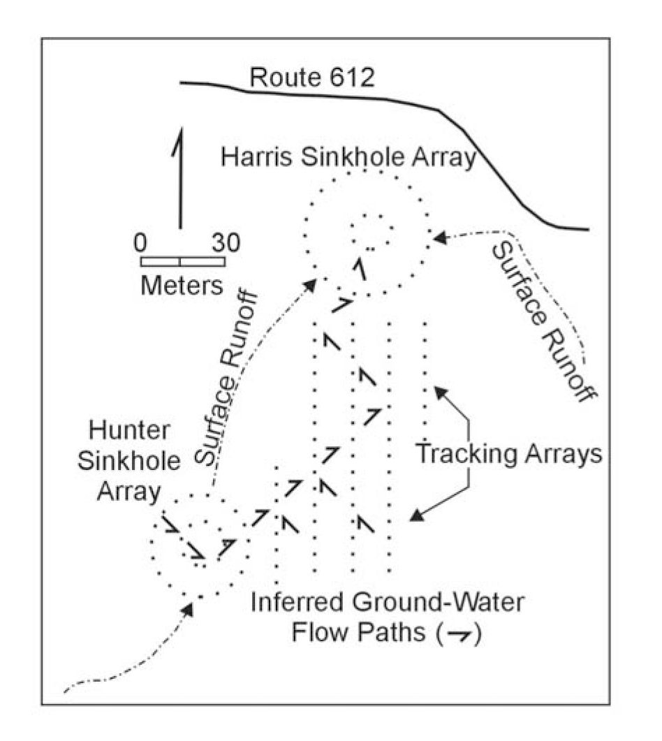 Electrode configurations at the Harris-Hunter sinkhole site, showing groundwater flowpaths
inferred by SP anomalies.  (Erchul and Slifer, 1989).