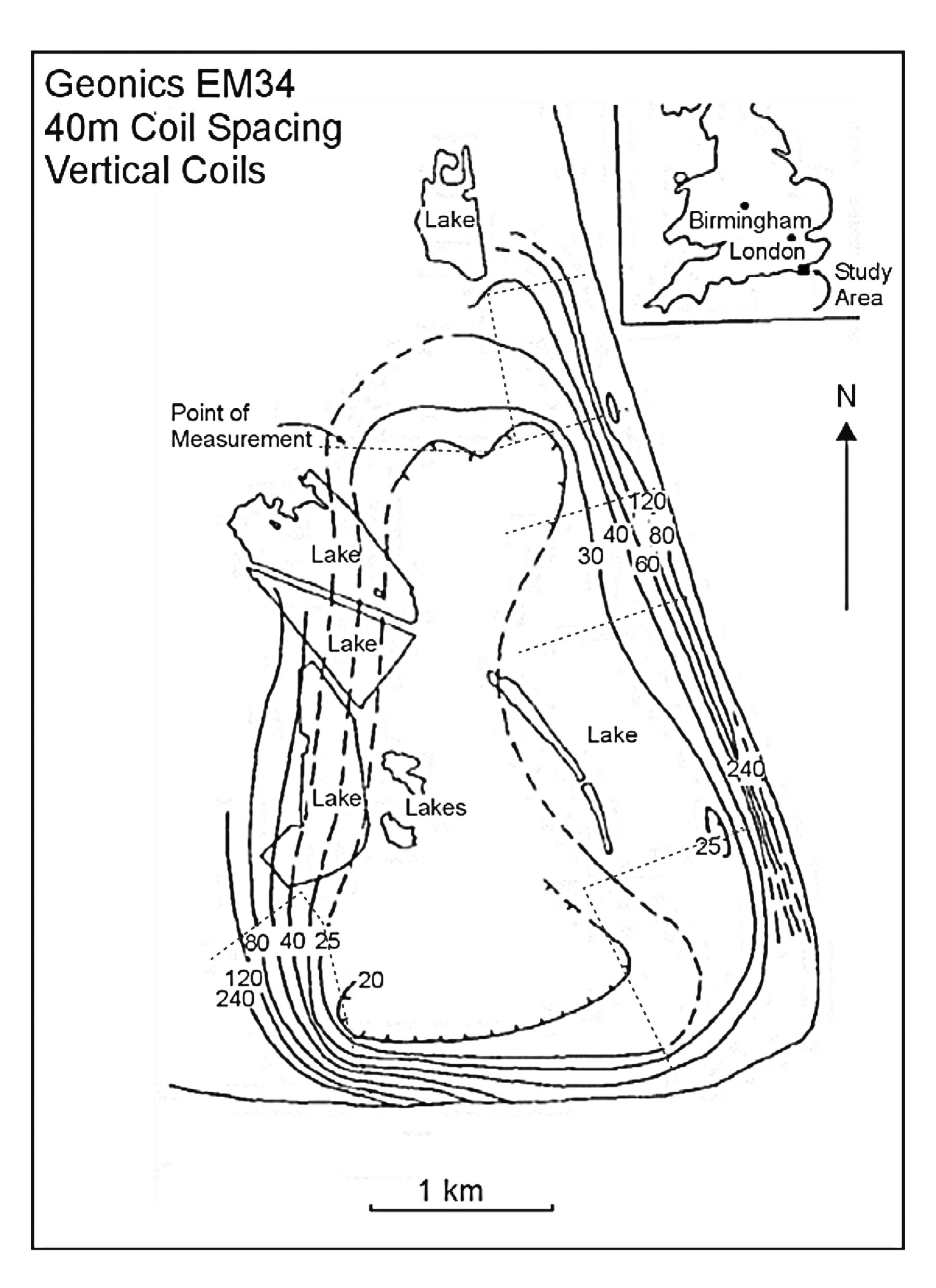 Contours of ground conductivity in mS/m, Dungeness, England. (Baker 1990; copyright permission granted by Society of Exploration Geophysicists)
